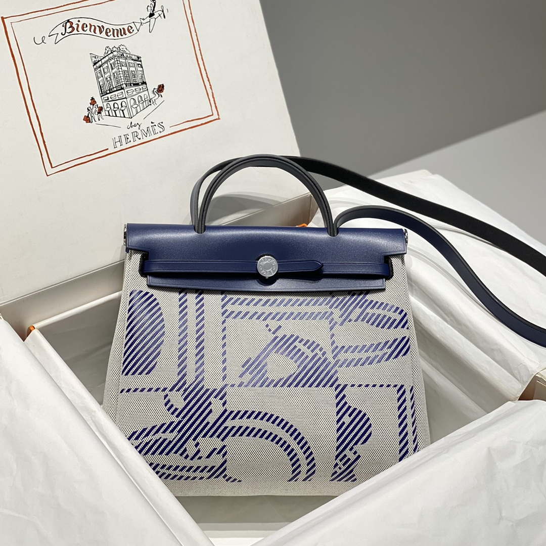 Hermes H084076CKAD Herbag Zip 31 Bag in Blue Hunter Leather and Canvas H60063 - Default Title - View 1