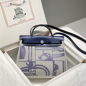 Hermes H084076CKAD Herbag Zip 31 Bag in Blue Hunter Leather and Canvas H60063 - Default Title - View 1