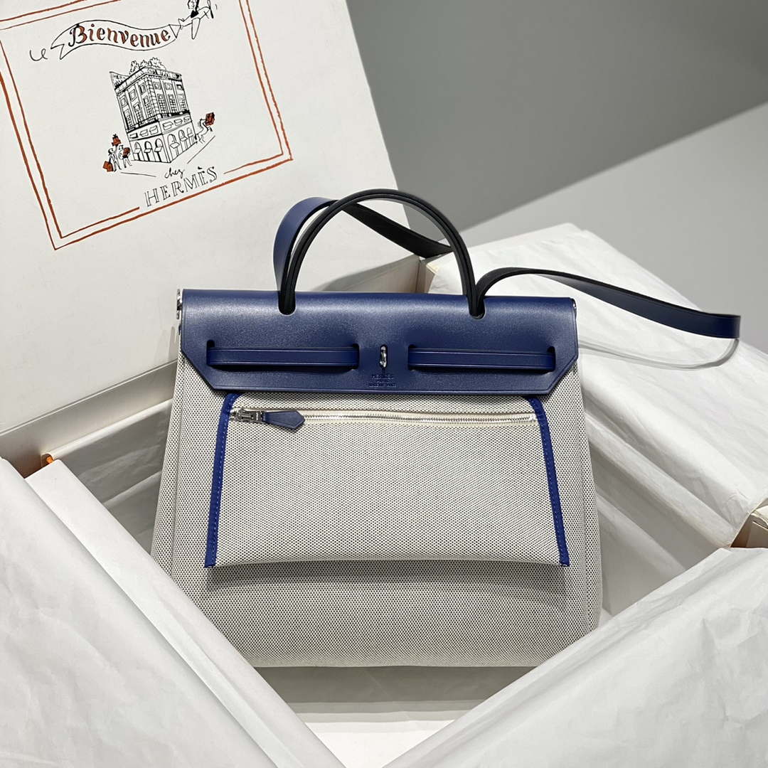 Hermes H084076CKAD Herbag Zip 31 Bag in Blue Hunter Leather and Canvas H60063