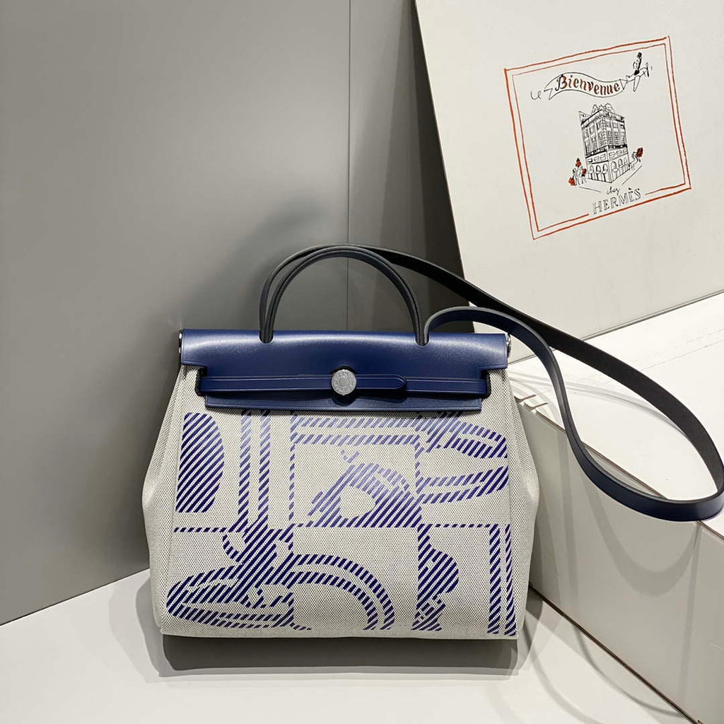 Hermes H084076CKAD Herbag Zip 31 Bag in Blue Hunter Leather and Canvas H60063