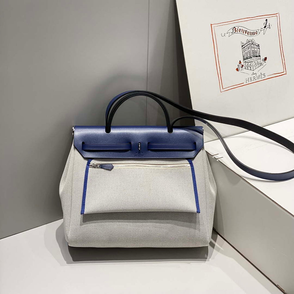 Hermes H084076CKAD Herbag Zip 31 Bag in Blue Hunter Leather and Canvas H60063