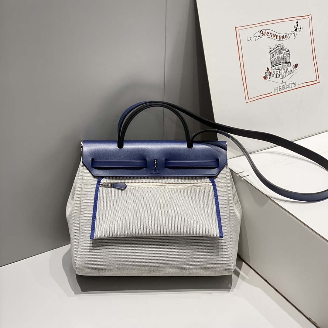 Hermes H084076CKAD Herbag Zip 31 Bag in Blue Hunter Leather and Canvas H60063