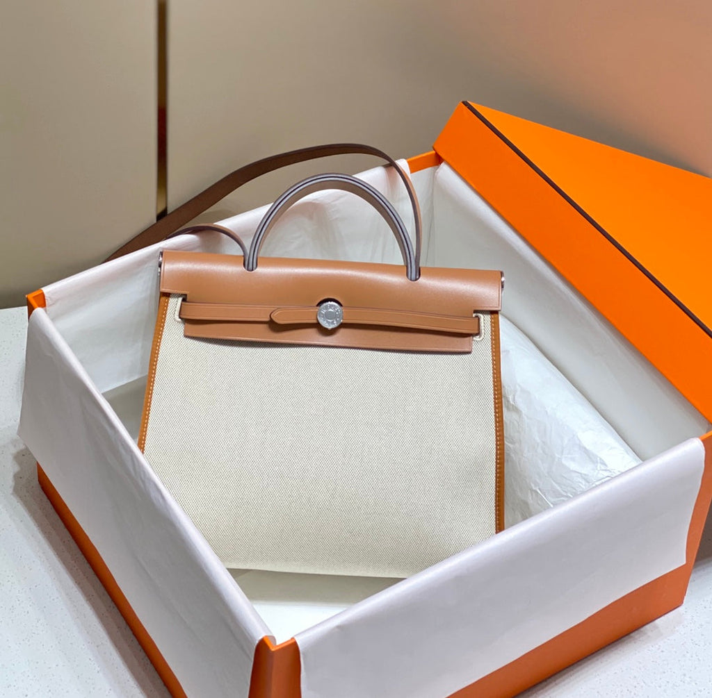 Hermes H084076CKAD Herbag Zip 31 Bag in Brown Hunter Leather and Canvas H60049