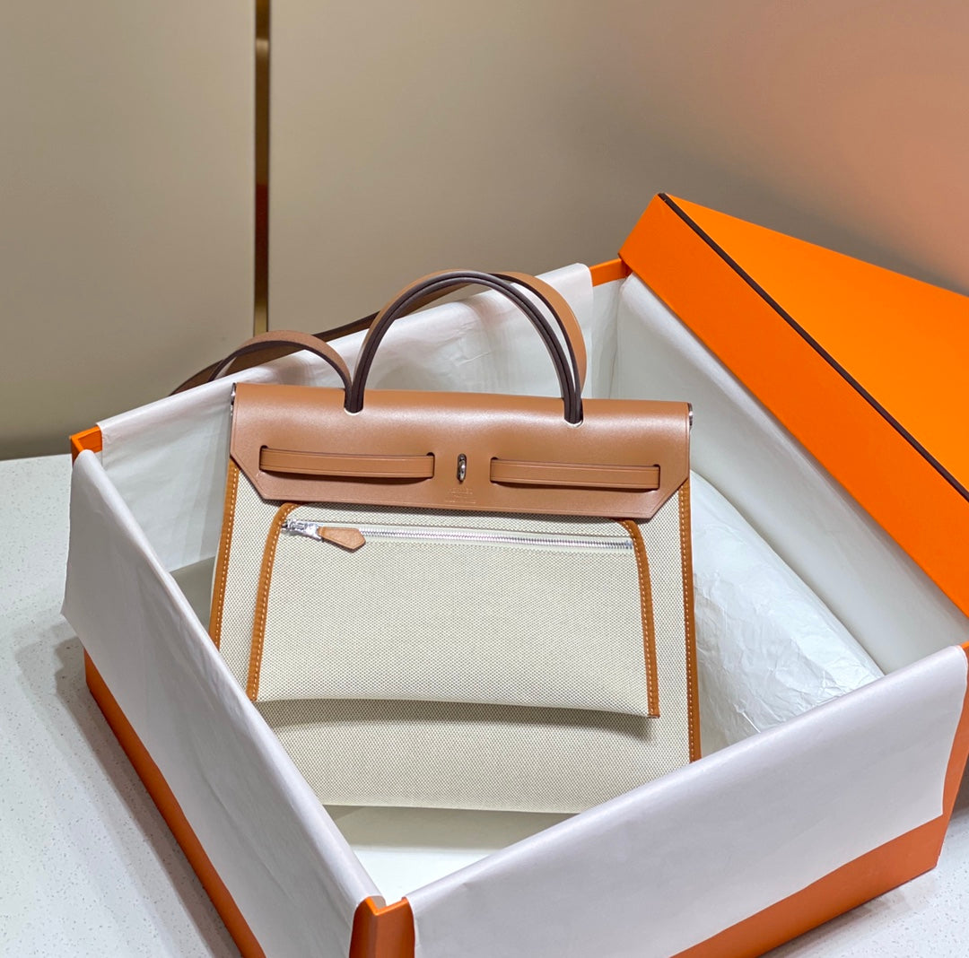 Hermes H084076CKAD Herbag Zip 31 Bag in Brown Hunter Leather and Canvas H60049