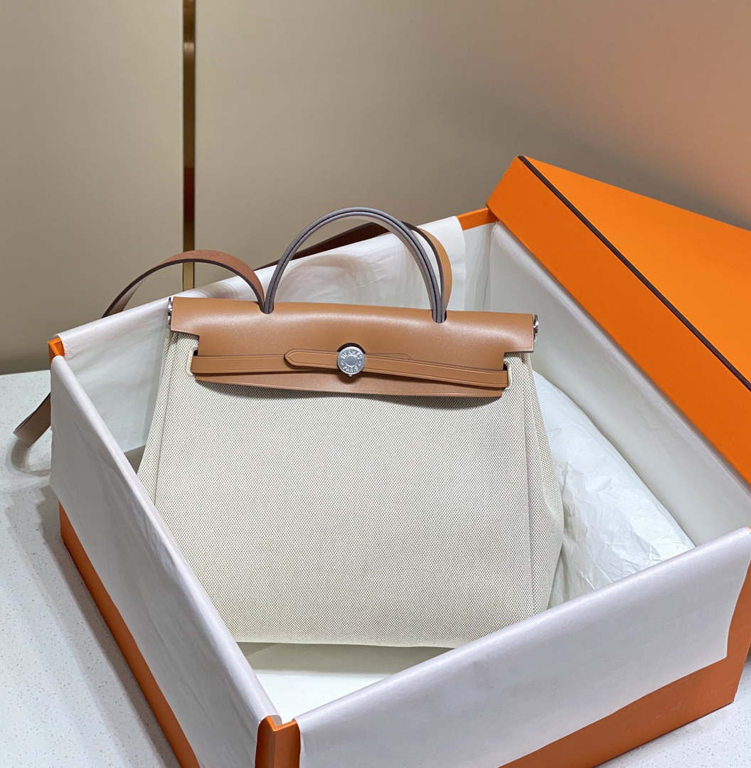 Hermes H084076CKAD Herbag Zip 31 Bag in Brown Hunter Leather and Canvas H60050 - Default Title - View 1