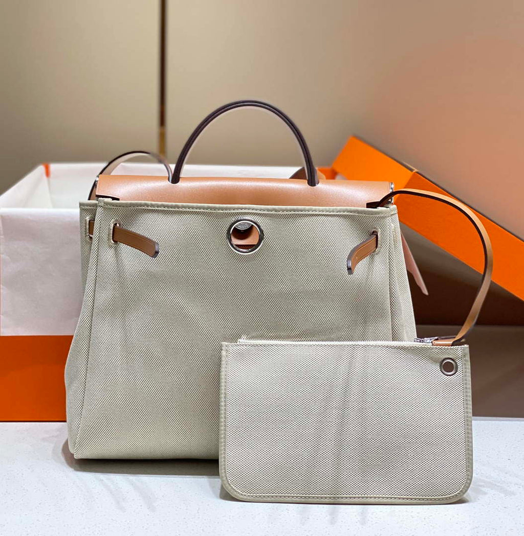 Hermes H084076CKAD Herbag Zip 31 Bag in Brown Hunter Leather and Canvas H60050