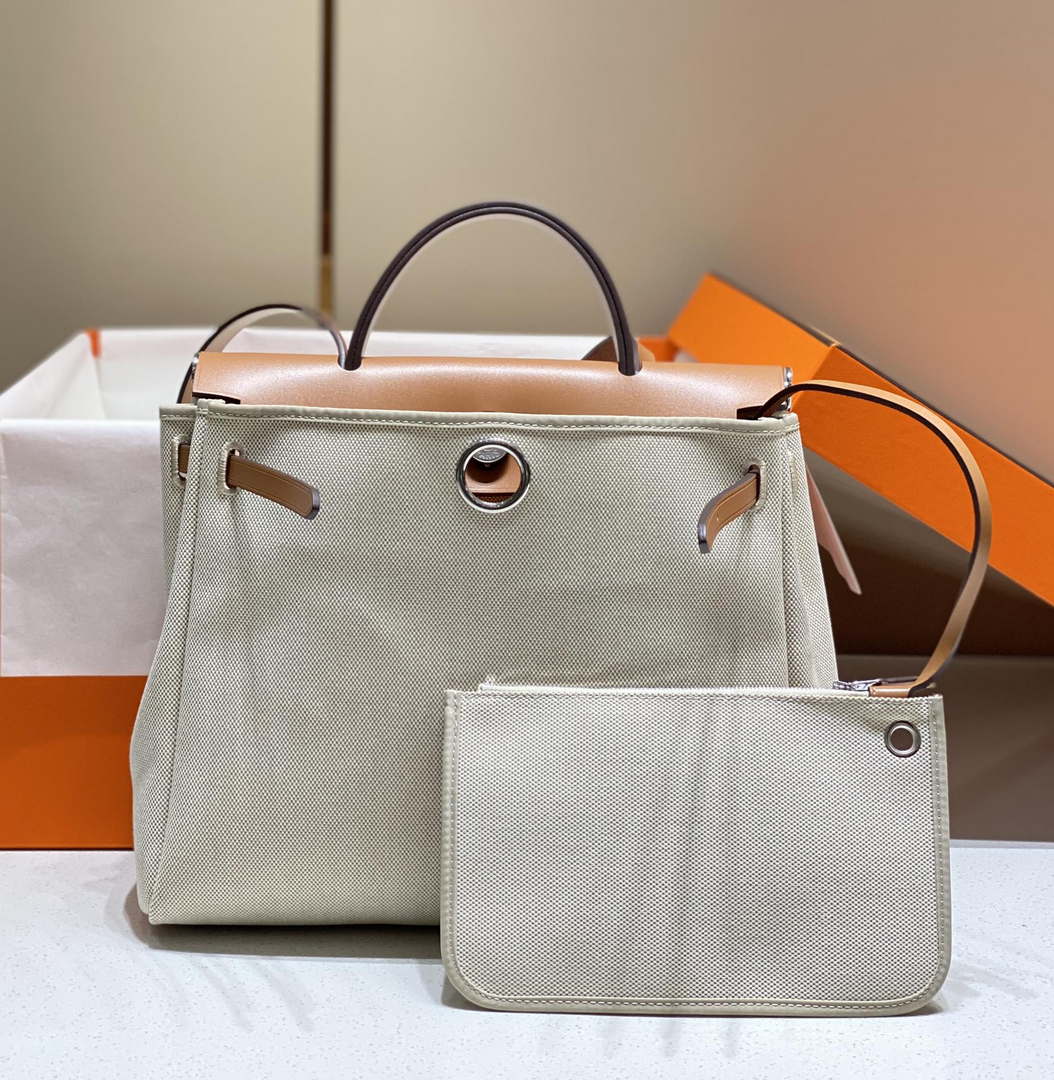 Hermes H084076CKAD Herbag Zip 31 Bag in Brown Hunter Leather and Canvas H60050 - Default Title - View 3