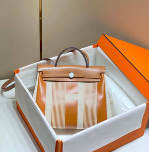 Hermes H084076CKAD Herbag Zip 31 Bag in Brown Hunter Leather and Canvas H60051 - Default Title - View 1