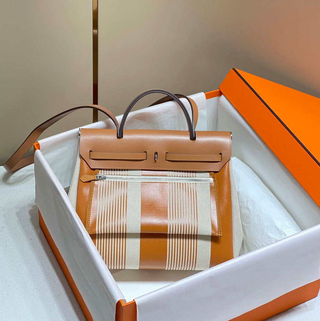 Hermes H084076CKAD Herbag Zip 31 Bag in Brown Hunter Leather and Canvas H60051