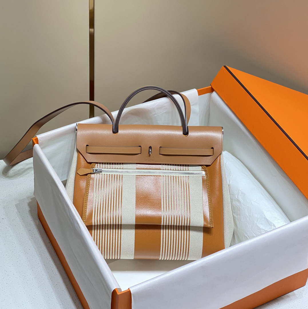 Hermes H084076CKAD Herbag Zip 31 Bag in Brown Hunter Leather and Canvas H60051 - Default Title - View 2
