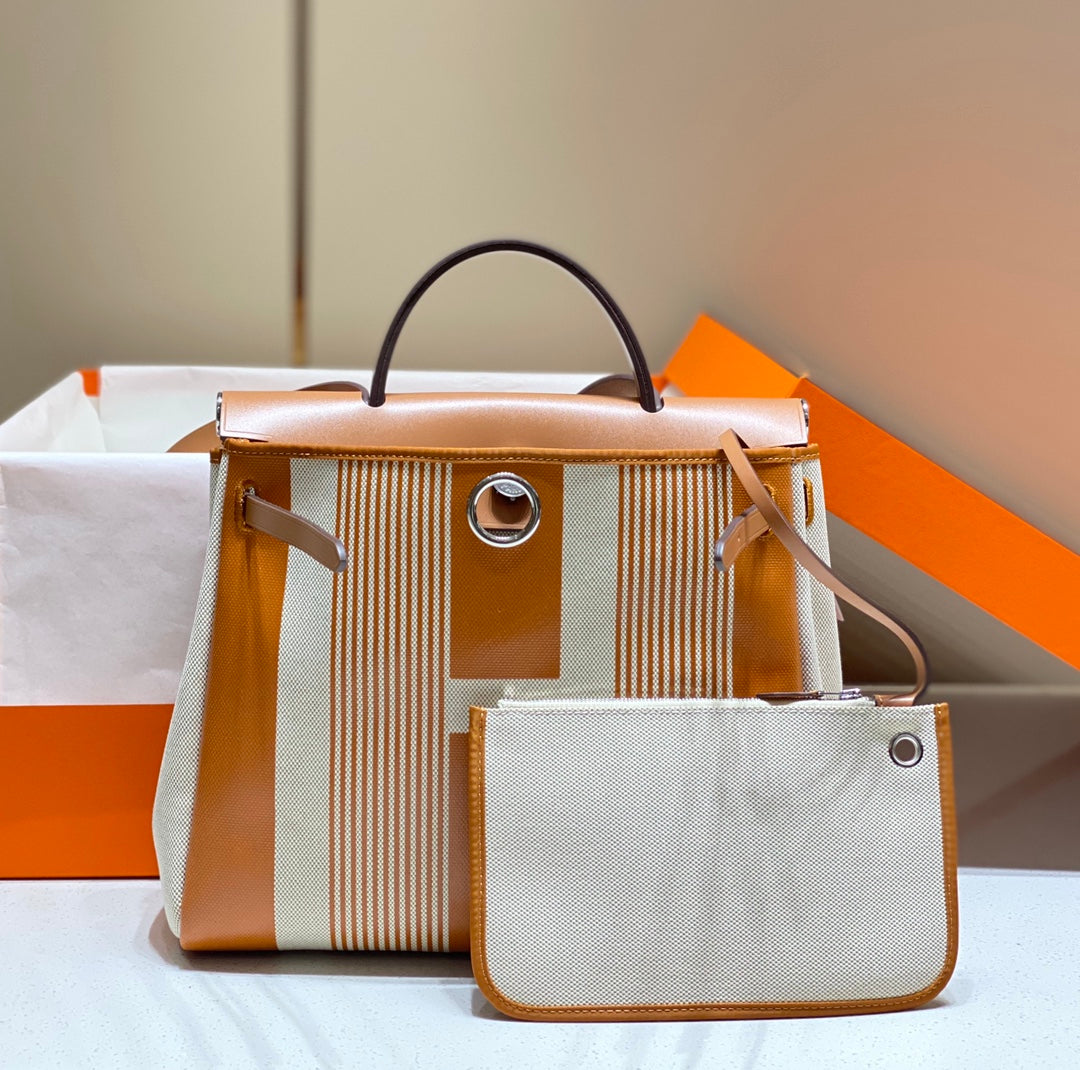 Hermes H084076CKAD Herbag Zip 31 Bag in Brown Hunter Leather and Canvas H60051 - Default Title - View 3