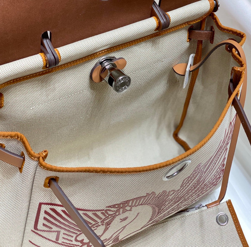 Hermes H084076CKAD Herbag Zip 31 Bag in Brown Hunter Leather and Canvas H60052
