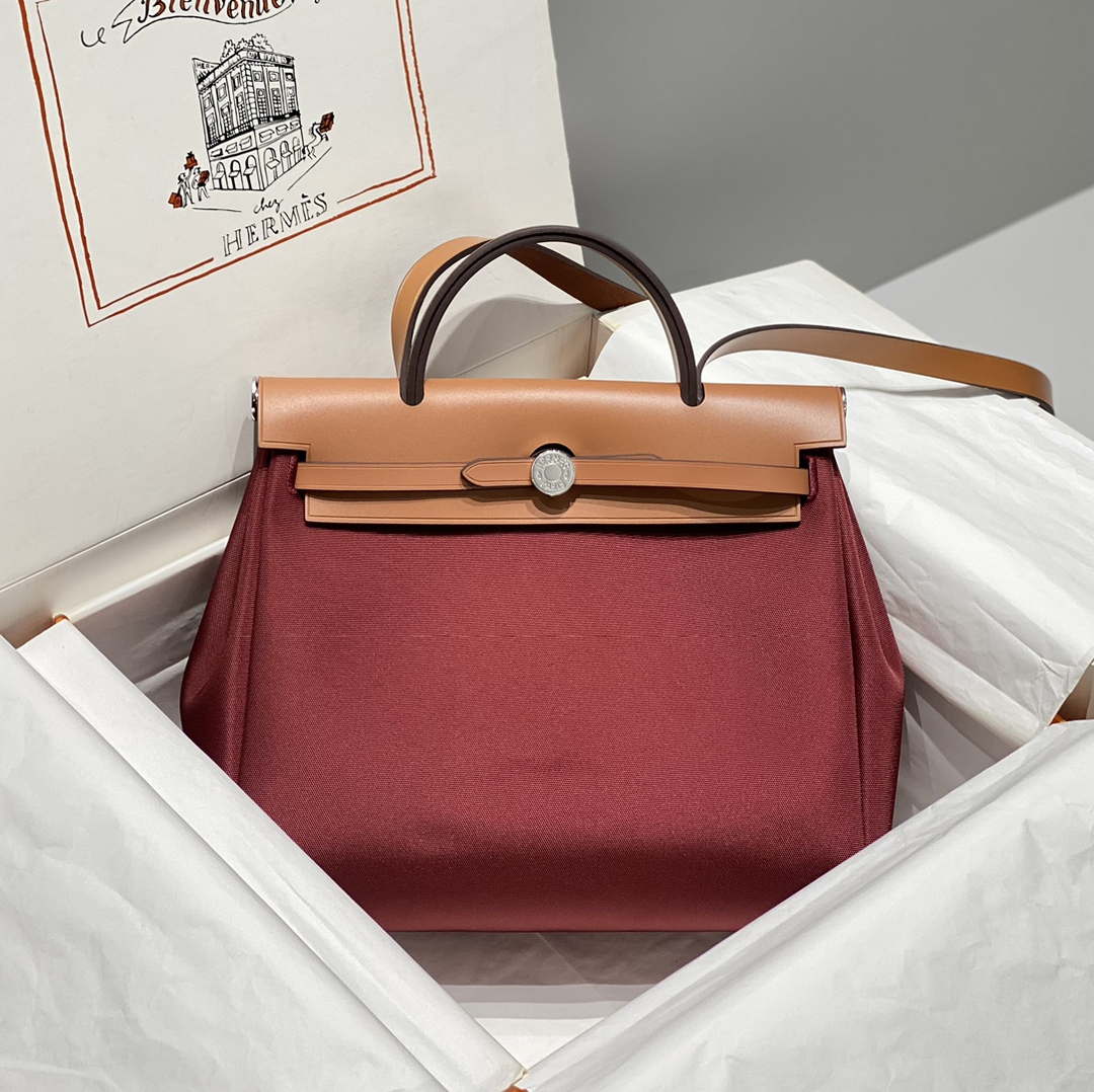 Hermes H084076CKAD Herbag Zip 31 Bag in Brown Hunter Leather and Canvas H60054 - Default Title - View 1