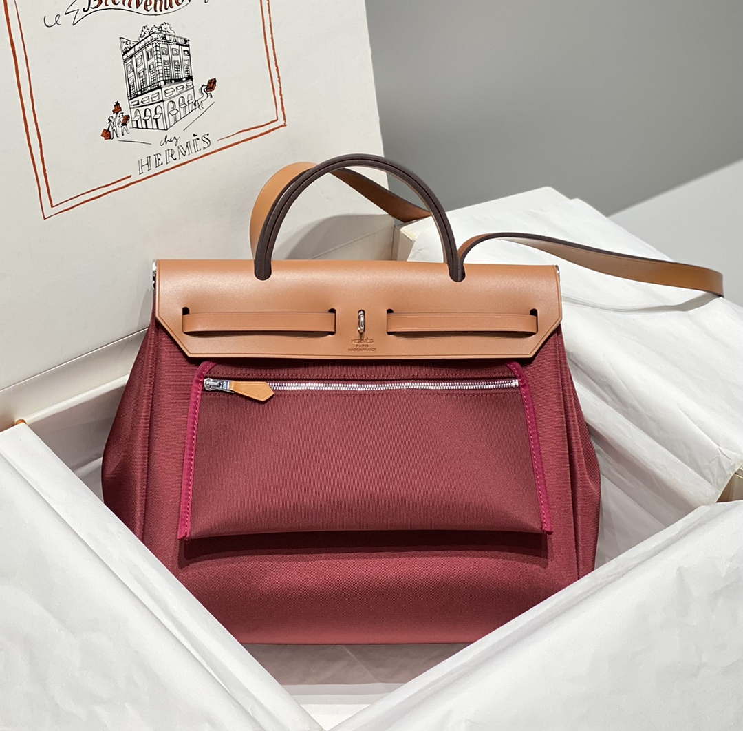 Hermes H084076CKAD Herbag Zip 31 Bag in Brown Hunter Leather and Canvas H60054