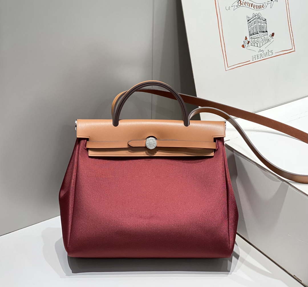 Hermes H084076CKAD Herbag Zip 31 Bag in Brown Hunter Leather and Canvas H60054