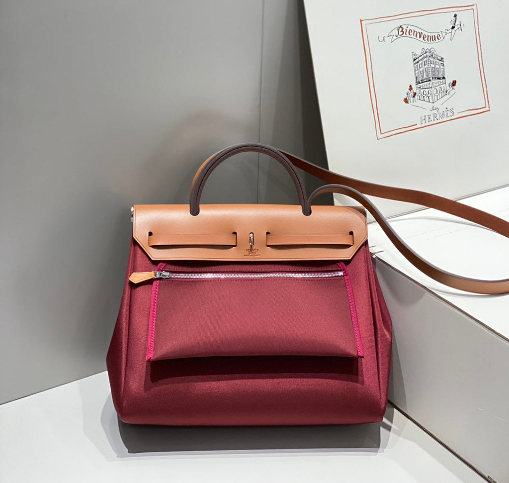 Hermes H084076CKAD Herbag Zip 31 Bag in Brown Hunter Leather and Canvas H60054