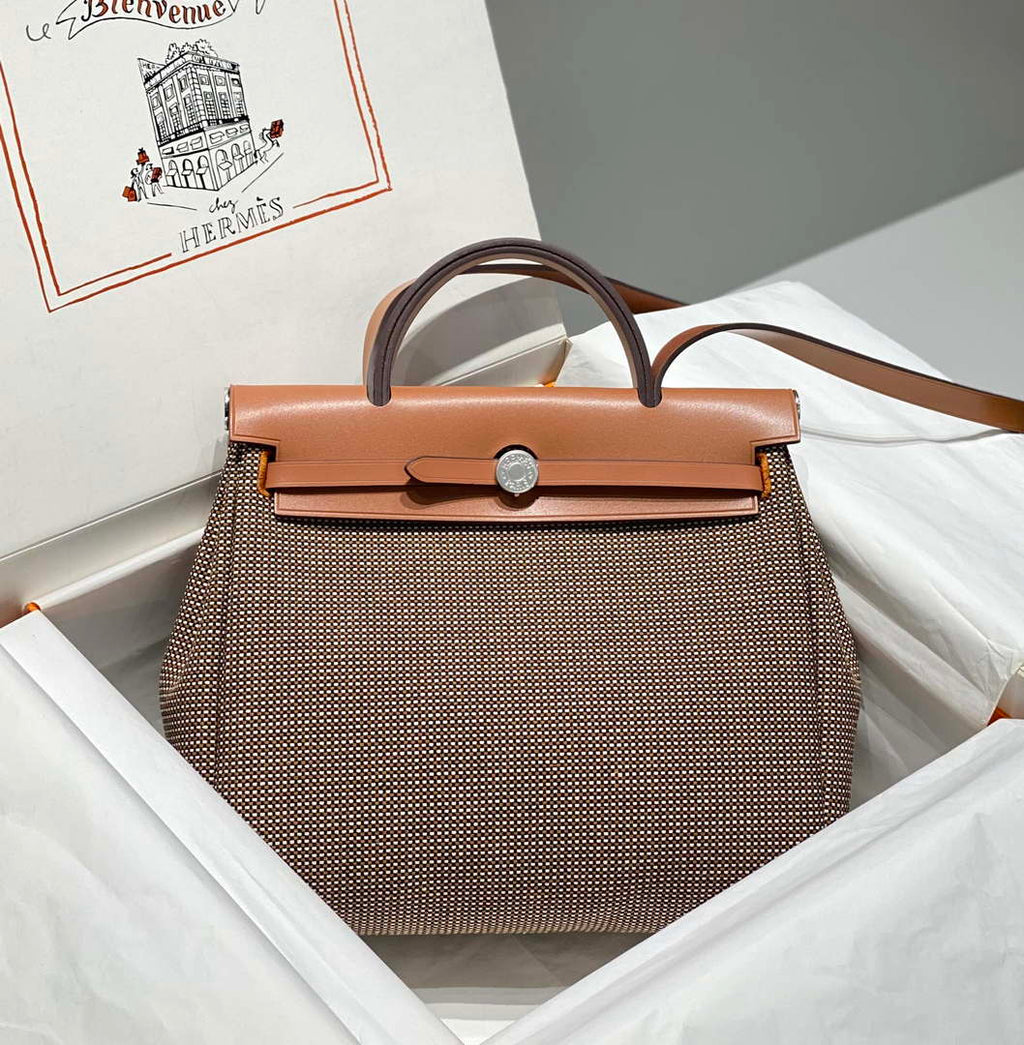 Hermes H084076CKAD Herbag Zip 31 Bag in Brown Hunter Leather and Canvas H60055