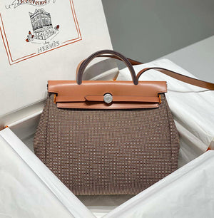 Hermes H084076CKAD Herbag Zip 31 Bag in Brown Hunter Leather and Canvas H60055 - Default Title - View 1