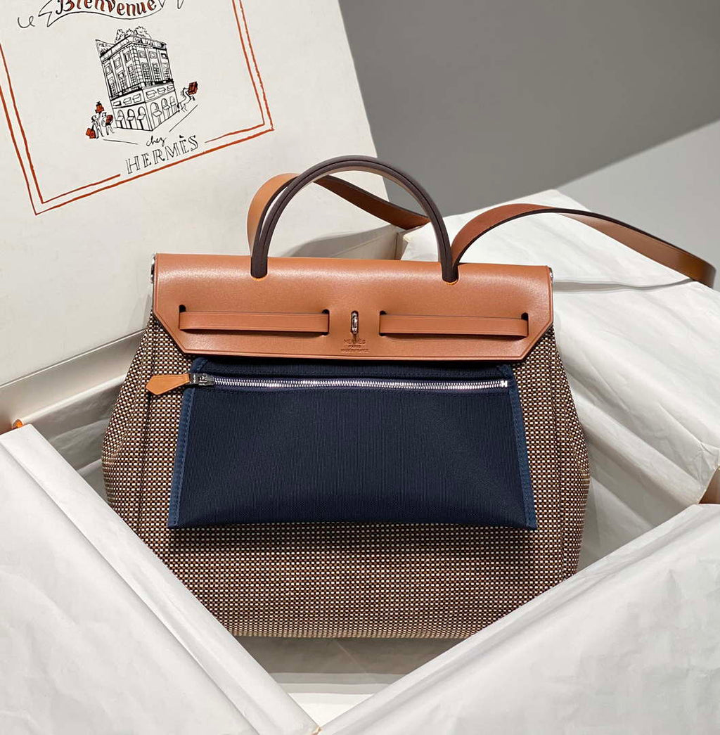 Hermes H084076CKAD Herbag Zip 31 Bag in Brown Hunter Leather and Canvas H60055