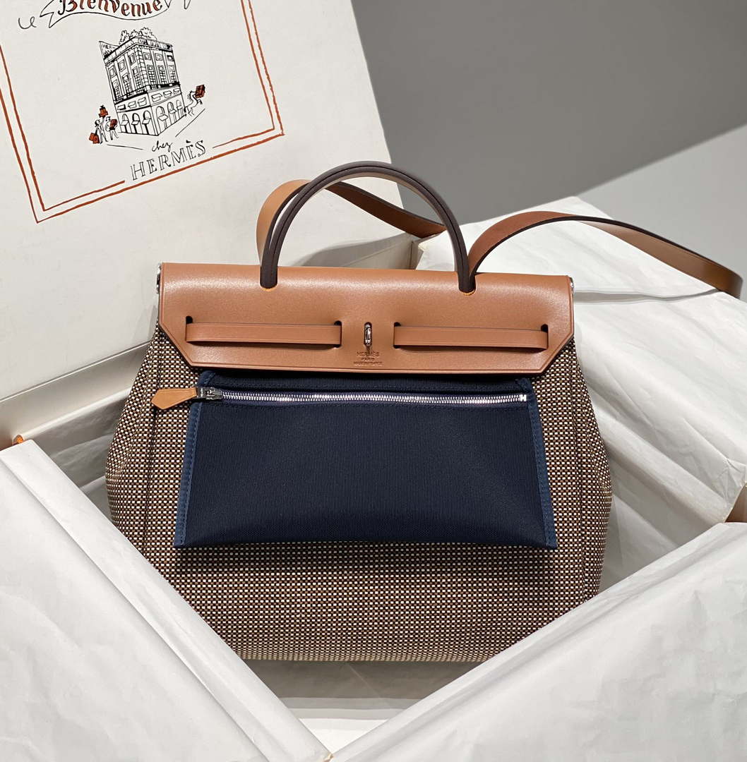 Hermes H084076CKAD Herbag Zip 31 Bag in Brown Hunter Leather and Canvas H60055