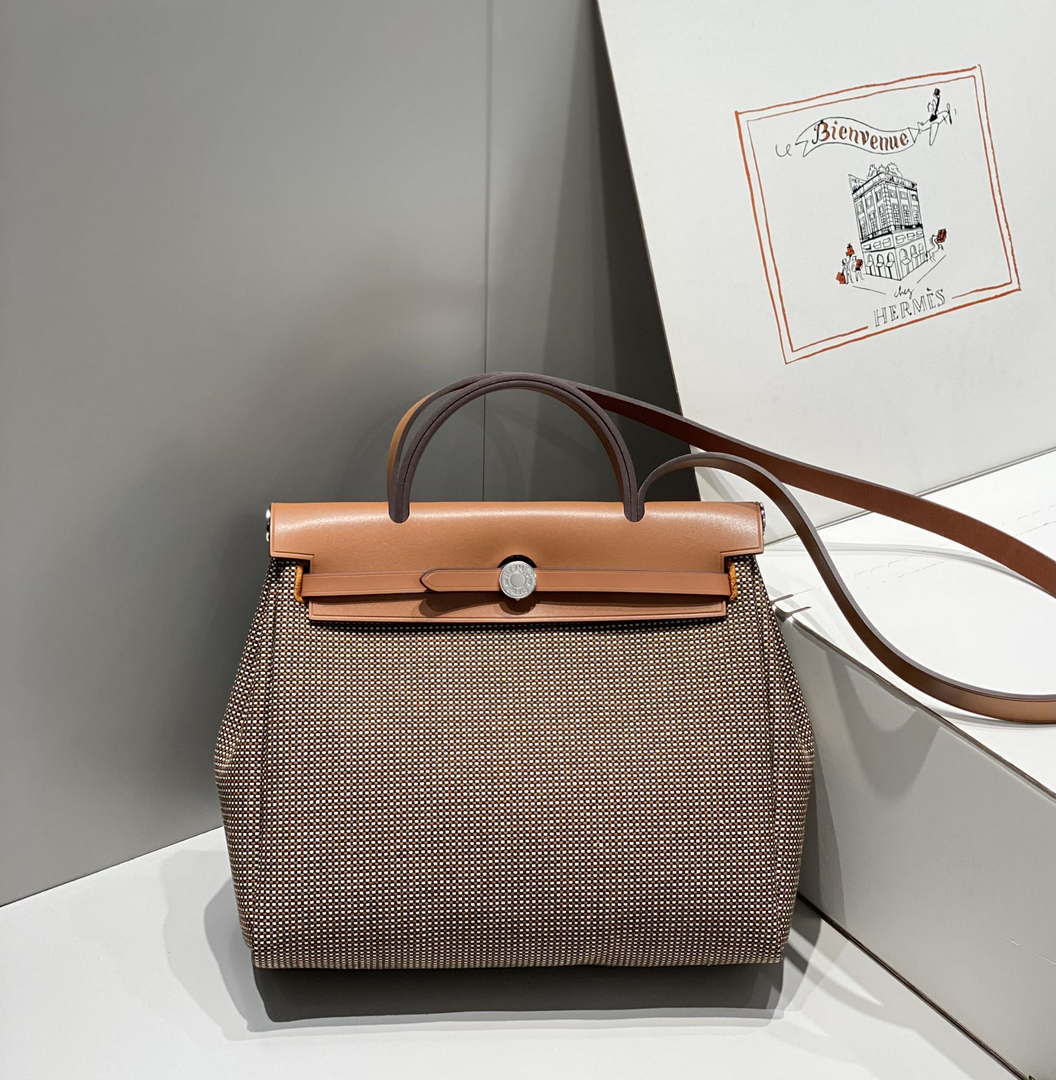 Hermes H084076CKAD Herbag Zip 31 Bag in Brown Hunter Leather and Canvas H60055 - Default Title - View 3