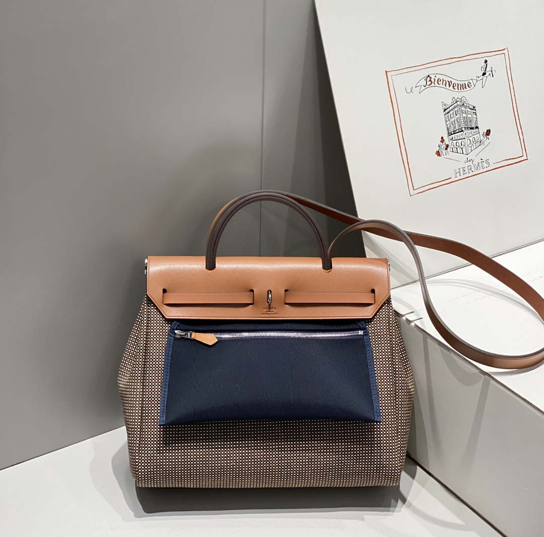 Hermes H084076CKAD Herbag Zip 31 Bag in Brown Hunter Leather and Canvas H60055