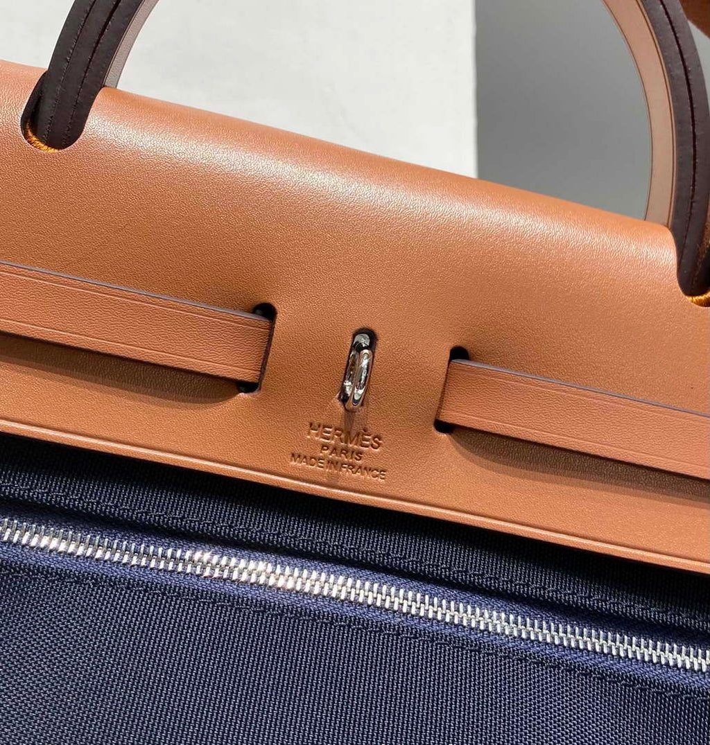 Hermes H084076CKAD Herbag Zip 31 Bag in Brown Hunter Leather and Canvas H60055
