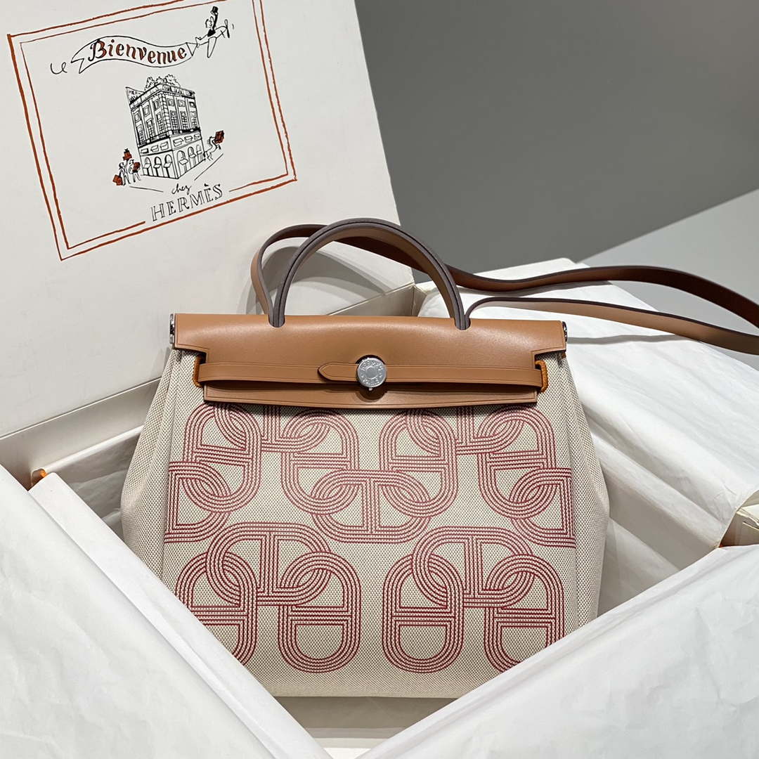 Hermes H084076CKAD Herbag Zip 31 Bag in Brown Hunter Leather and Canvas H60060 - Default Title - View 1