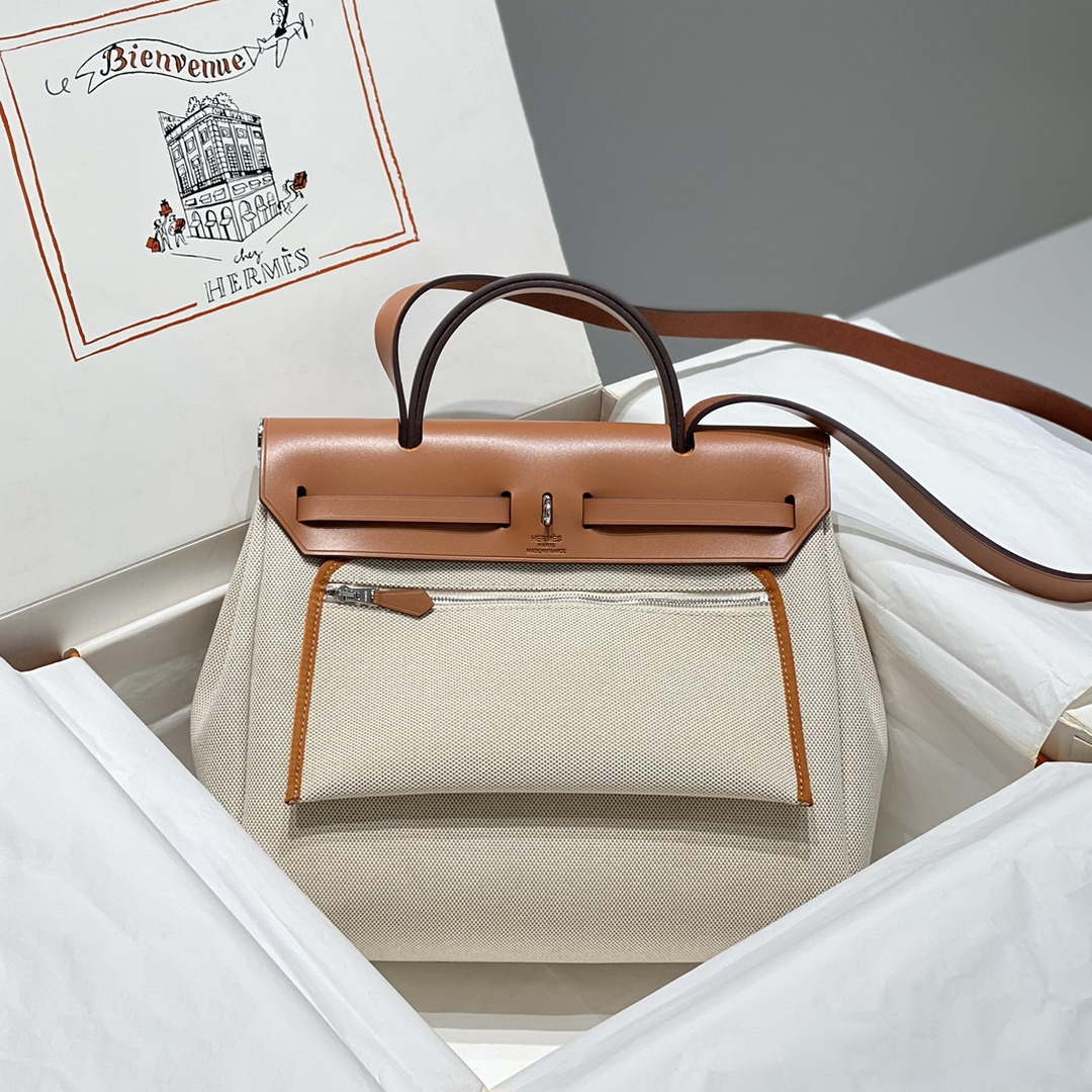 Hermes H084076CKAD Herbag Zip 31 Bag in Brown Hunter Leather and Canvas H60060