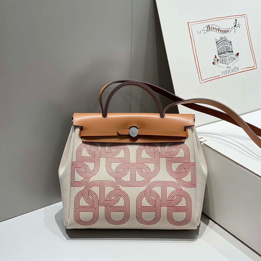 Hermes H084076CKAD Herbag Zip 31 Bag in Brown Hunter Leather and Canvas H60060
