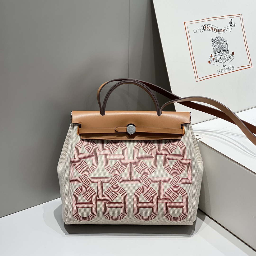 Hermes H084076CKAD Herbag Zip 31 Bag in Brown Hunter Leather and Canvas H60060 - Default Title - View 3