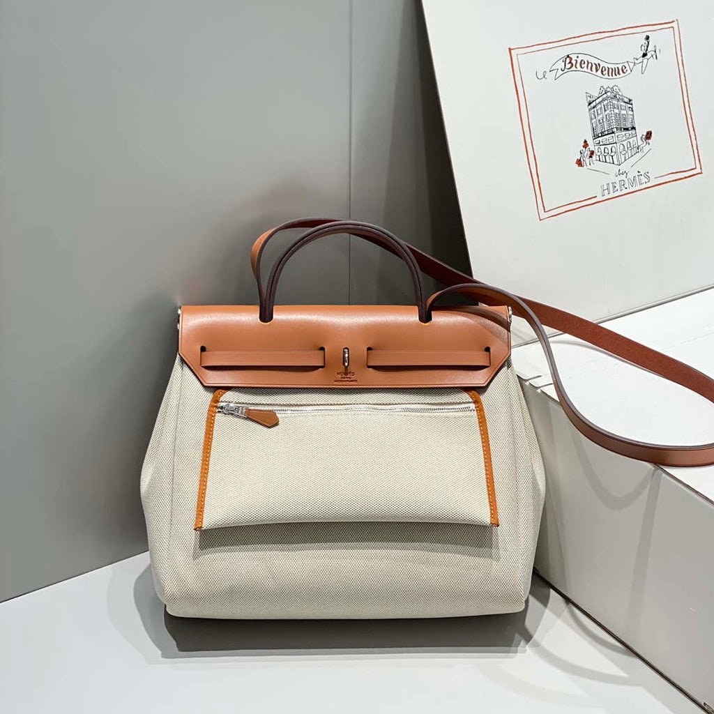 Hermes H084076CKAD Herbag Zip 31 Bag in Brown Hunter Leather and Canvas H60060