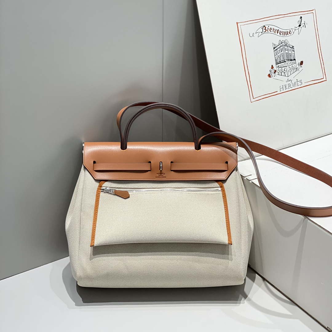 Hermes H084076CKAD Herbag Zip 31 Bag in Brown Hunter Leather and Canvas H60060