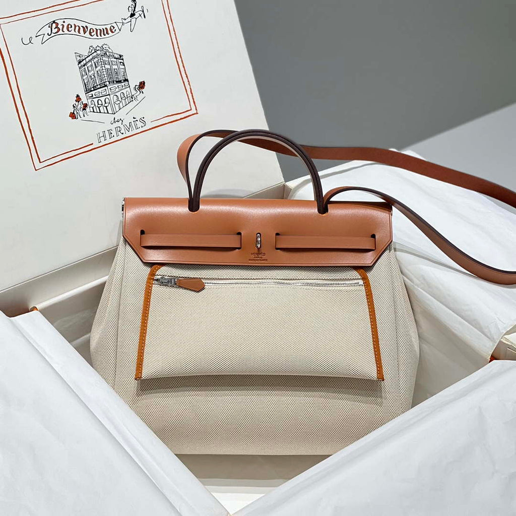 Hermes H084076CKAD Herbag Zip 31 Bag in Brown Hunter Leather and Canvas H60061