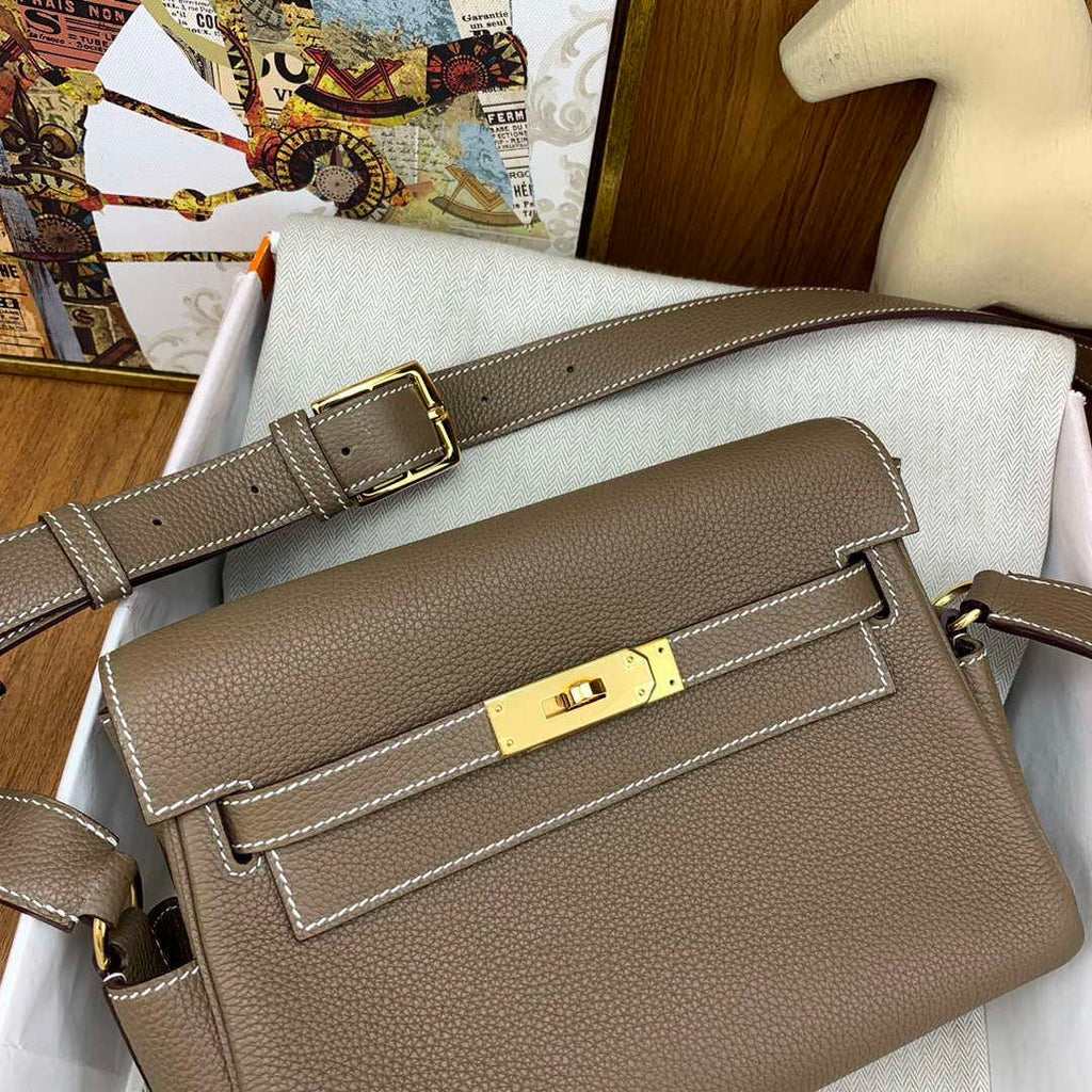 Hermes H084109CK25 Kelly Messager Shoulder Togo 25 bags Elephant Gray Gold