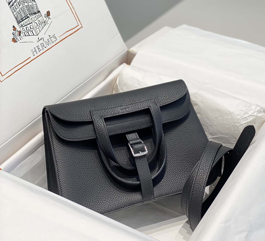 Hermes halzan 25 clemence stamp B Black Silver H98801 - Default Title - View 1