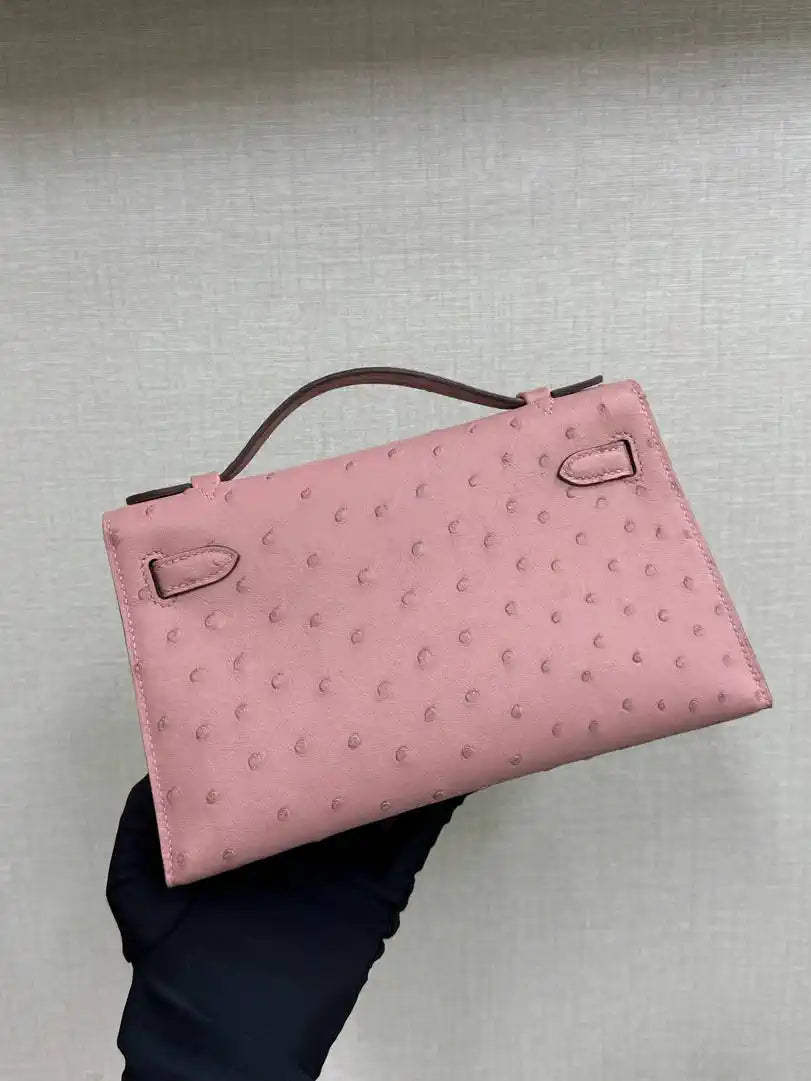 Hermes Kelly Pouchette Ostrich Leather clutch bag Silver H230300