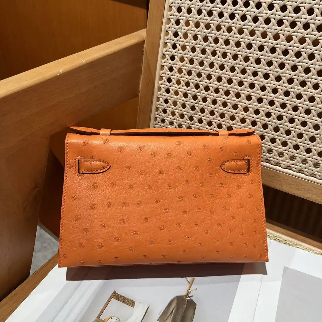 Hermes Kelly Pouchette Ostrich Leather clutch bag Silver H230301