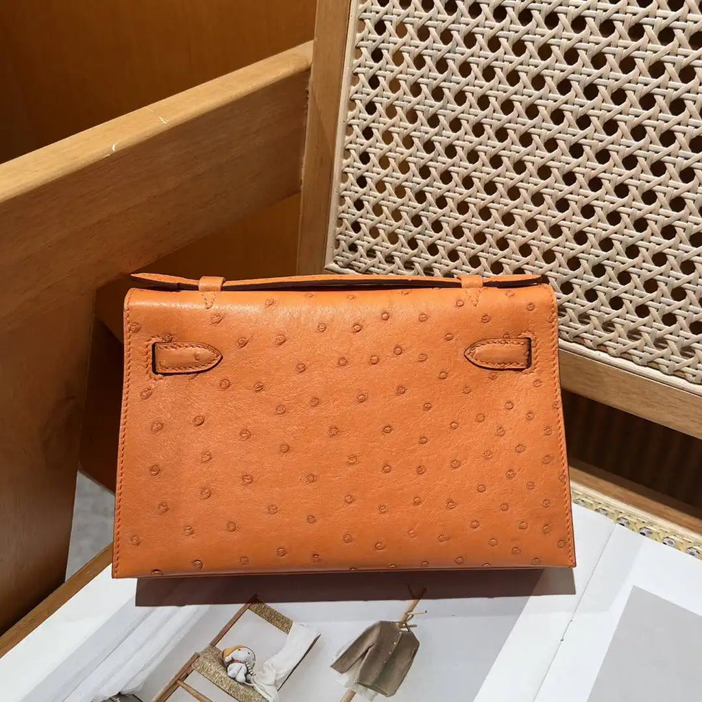 Hermes Kelly Pouchette Ostrich Leather clutch bag Silver H230301