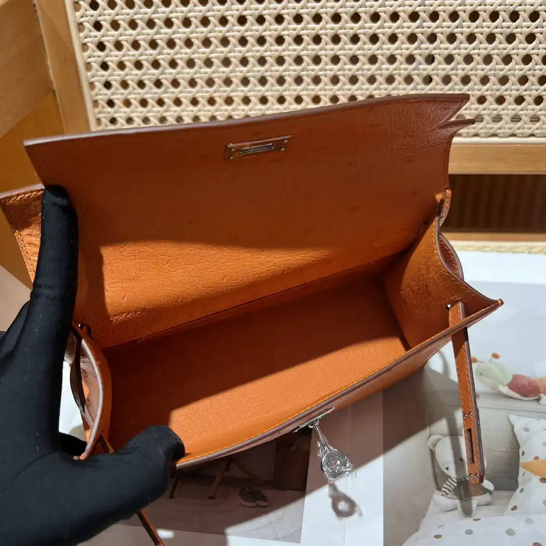 Hermes Kelly Pouchette Ostrich Leather clutch bag Silver H230301