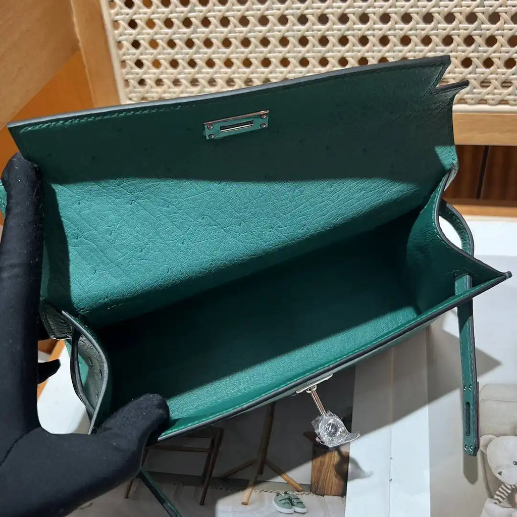 Hermes Kelly Pouchette Ostrich Leather clutch bag Silver H230303