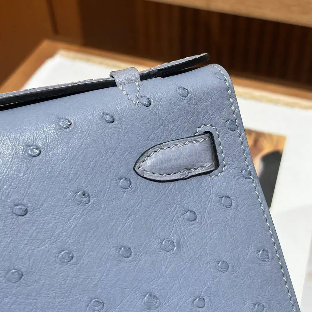 Hermes Kelly Pouchette Ostrich Leather clutch bag Silver H230304