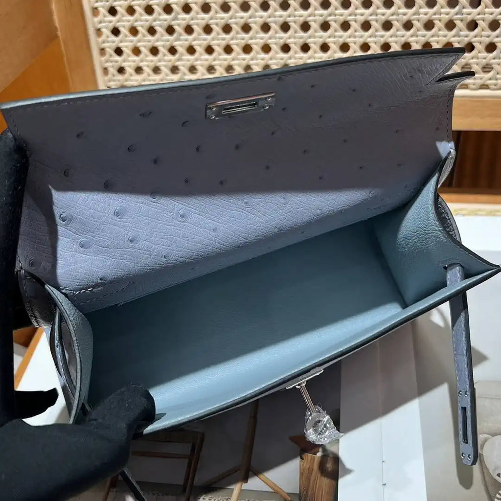 Hermes Kelly Pouchette Ostrich Leather clutch bag Silver H230304