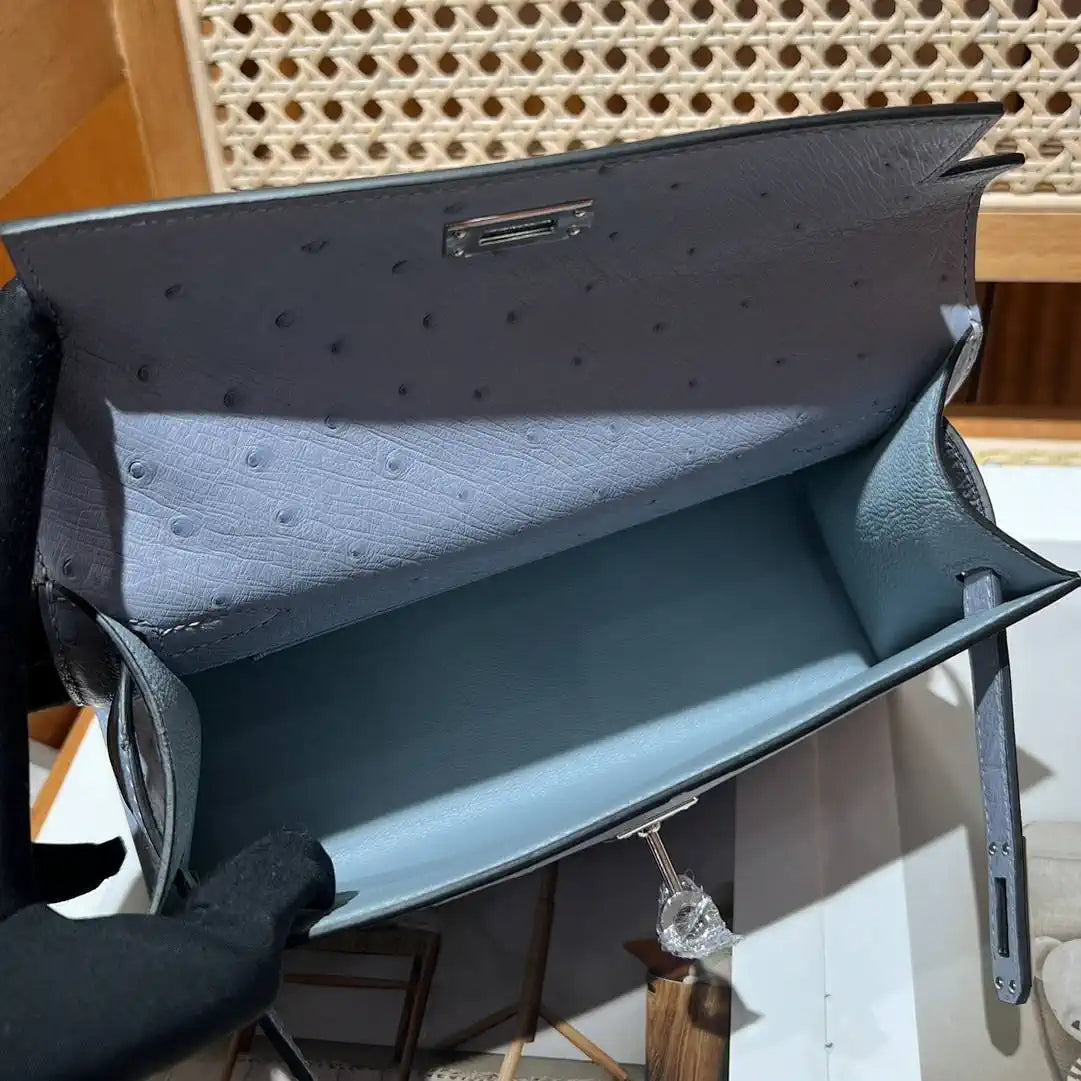 Hermes Kelly Pouchette Ostrich Leather clutch bag Silver H230304