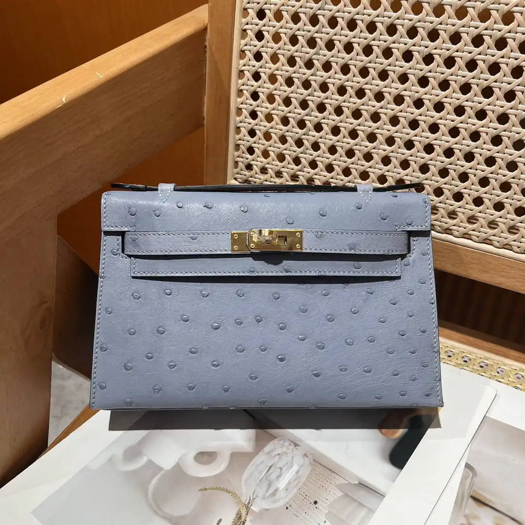 Hermes Kelly Pouchette Ostrich Leather clutch bag Silver H230304