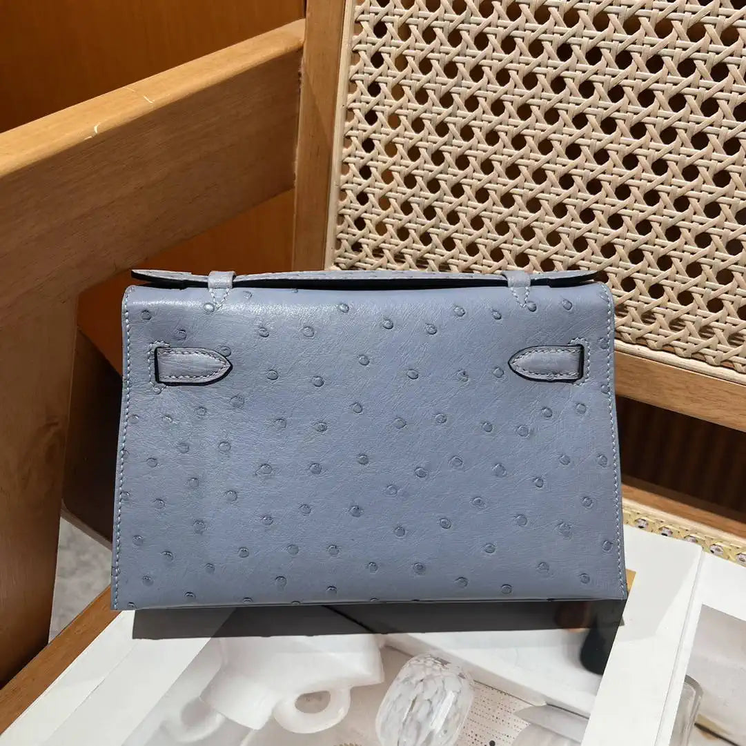 Hermes Kelly Pouchette Ostrich Leather clutch bag Silver H230304