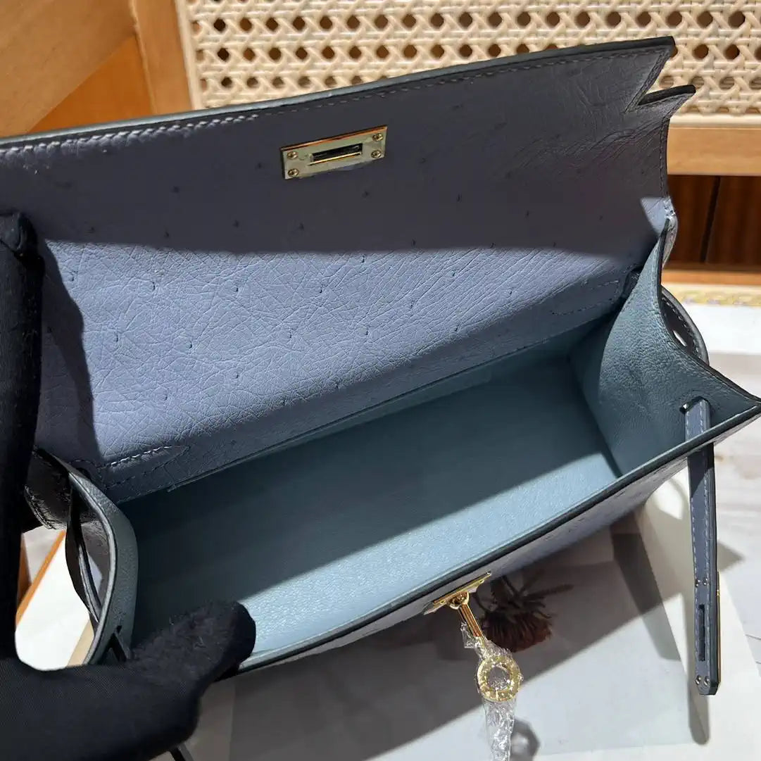 Hermes Kelly Pouchette Ostrich Leather clutch bag Silver H230304