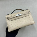 Hermes Kelly Pouchette Ostrich Leather clutch bag Silver H230305