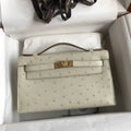 Hermes Kelly Pouchette Ostrich Leather clutch bag Silver H230306