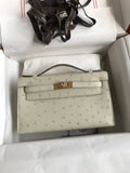 Hermes Kelly Pouchette Ostrich Leather clutch bag Silver H230306